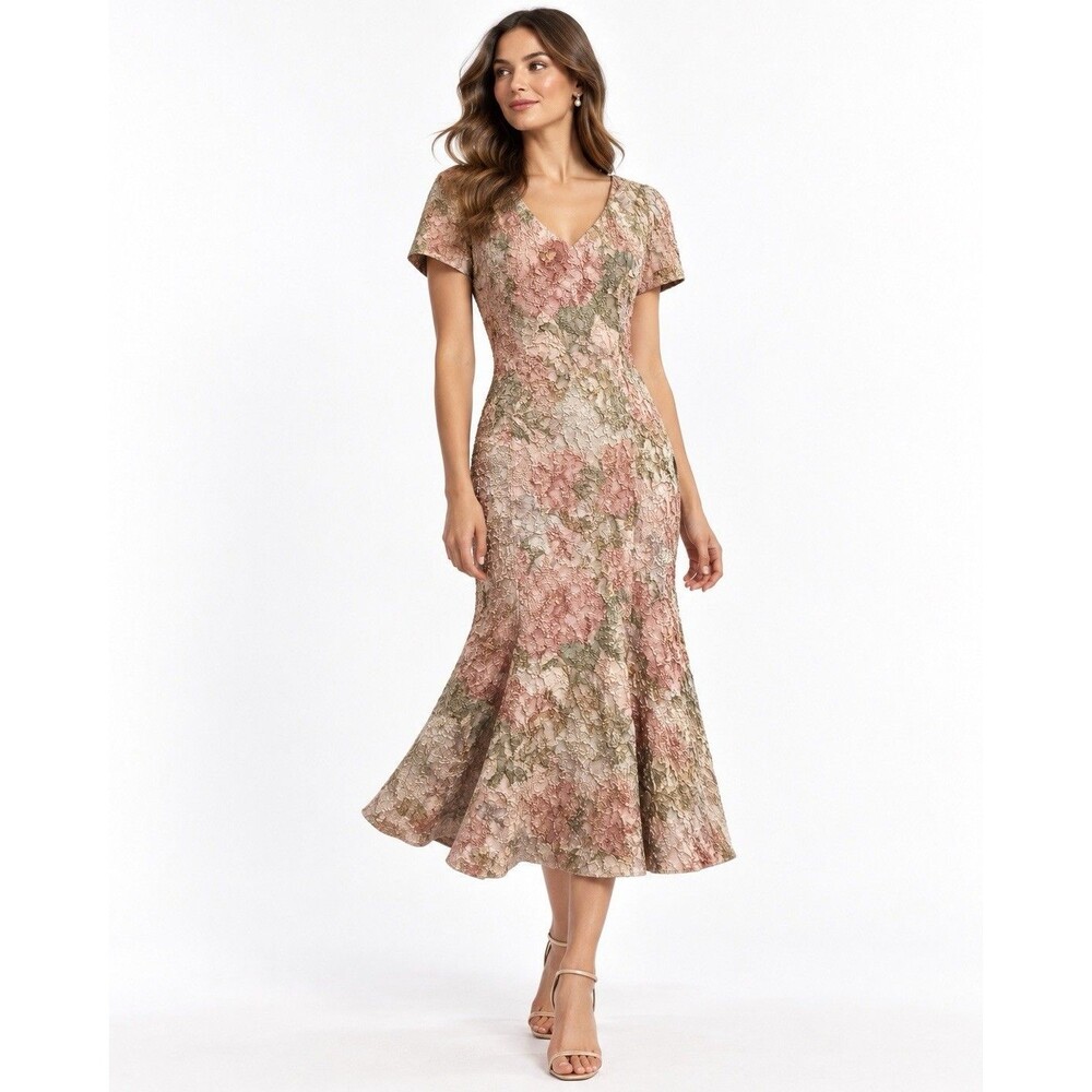 Adrianna Papell Floral Matelasse Midi Cocktail Dress Rose Multi Size 6 NWT
